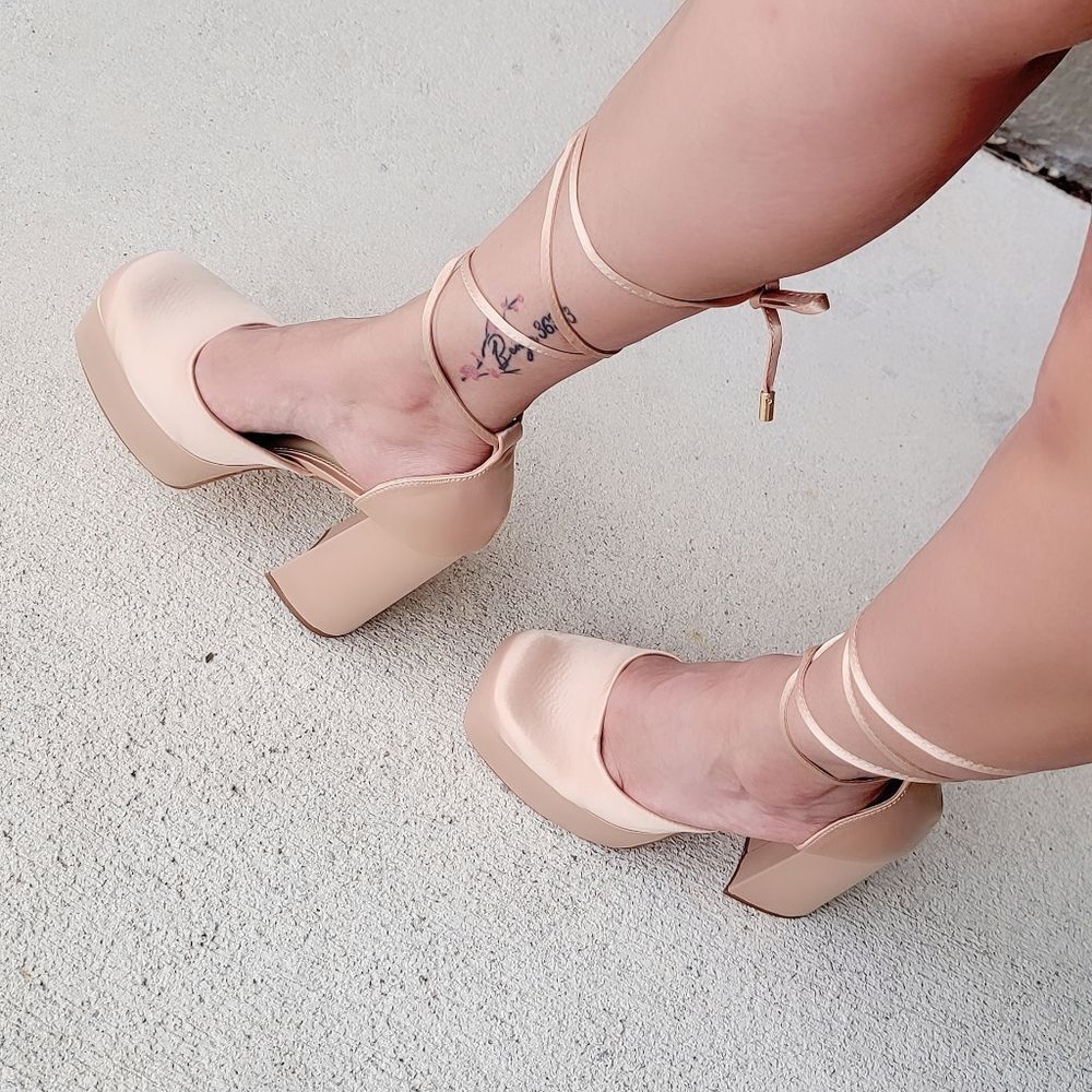 Champagne Platform High Heel Sandals Women Lace Up Square Close - Picture 3 of 5